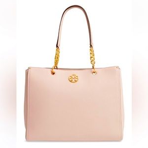 NWT TORY BURCH LEATHER EVERLY TOTE BAG SHELL PINK GOLD CHAIN LARGE DUSTBAG $599